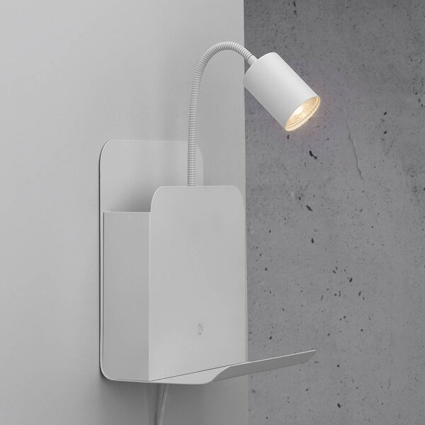 Nordlux Romi fali lámpa polccal és USB-vel, fehér, Fehér / opál, Hálószoba, fém, Modern