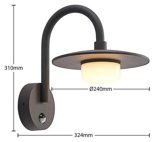 Lucande kültéri fali lámpa Zamalino, 31 cm, antracit, szenzoros, dimmelhető, Fekete, Alumínium, Modern