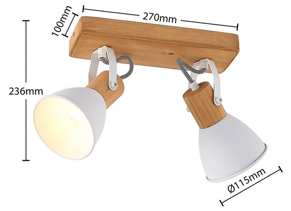 Lindby Merela mennyezeti spot, fehér, 28 cm, 2-lámpás, fa, E14, dimmelhető, Világos fa, Nappali / Étkező, Fa, Skandináv