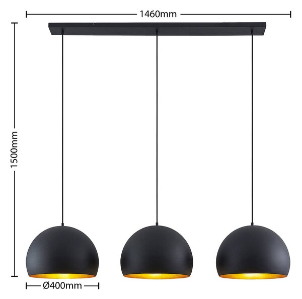 Lindby függőlámpa Tarjei, 146 cm hosszú, fekete/arany, fém, dimmelhető, Fekete, Nappali / Étkező, fém, Modern