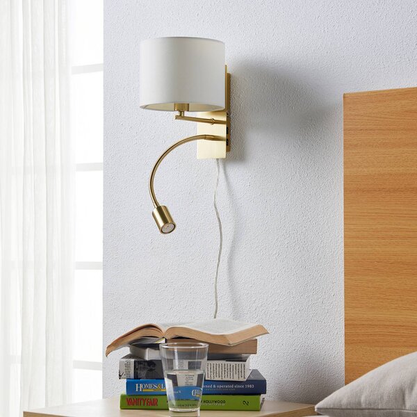 Lindby fali lámpa Florens, sárgaréz, LED-es olvasólámpa, 23,5 cm, Sárgaréz / arany, Nappali / Étkező, Textil / szövet / selyem, Modern