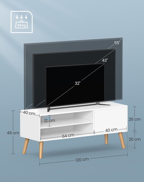 TV-állvány, 120 cm széles TV-szekrény, fehér