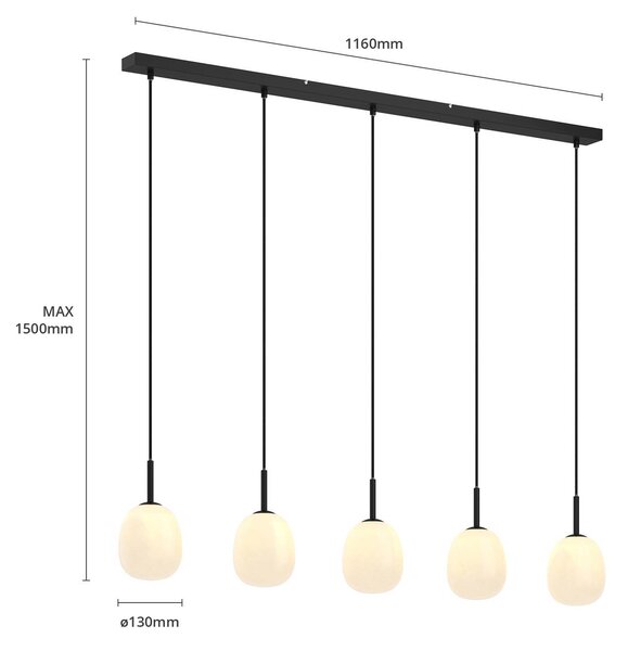 Lindby Etiena függő lámpa, 5 izzós, opálüveg, dimmelhető, Fekete, Nappali / Étkező, Üveg, Modern
