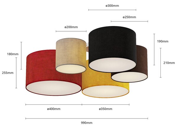 Lindby Laurenz mennyezeti világítás, 5 izzós, piros/sárga, textil, dimmelhető, Többszínű, Nappali / Étkező, Textil / szövet / selyem, Modern