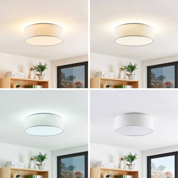 Lindby LED mennyezeti lámpa Ellamina, 40 cm, fehér, textil, Fehér / opál, Nappali / Étkező, Textil / szövet / selyem, Modern