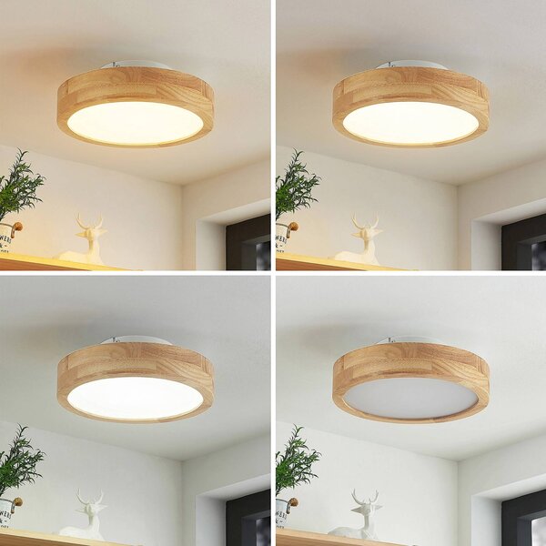Lindby LED mennyezeti lámpa Lanira, Ø 30 cm, fa, távirányító, CCT, dimmelhető, Világos fa, Nappali / Étkező, Fa, Modern
