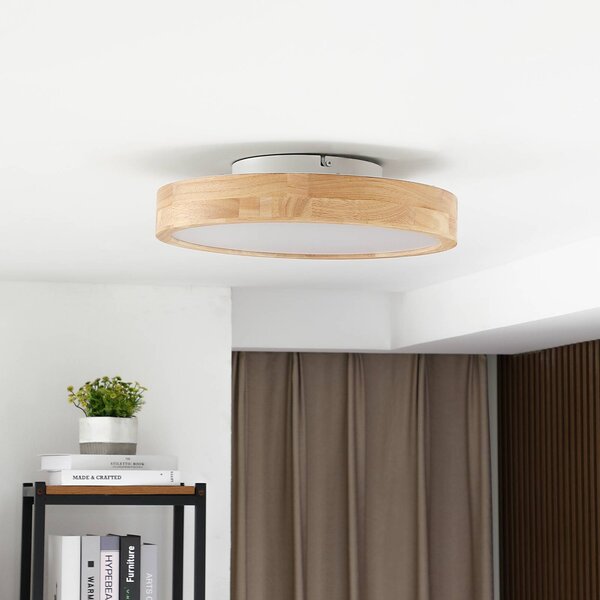 Lindby LED mennyezeti világítás Milada, tölgy, CCT, távirányító, dimmelhető, Világos fa, Nappali / Étkező, Fa, Modern