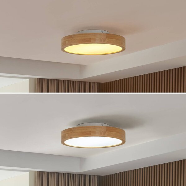 Lindby LED mennyezeti világítás Milada, tölgy, CCT, távirányító, dimmelhető, Világos fa, Nappali / Étkező, Fa, Modern