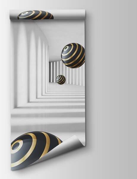 Fotótapéta Csíkos gömbök lebegnek a fehér folyosón, 3D fotótapéta, Népszerű fotótapéta, u95356 - Tapeko.hu