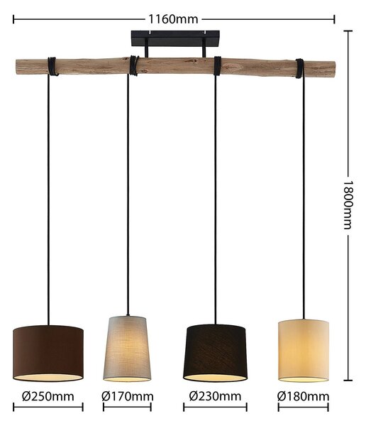 Lindby függőlámpa Amilia, szövet, 4-lámpás, szürke/bézs, E27, dimmelhető, Világos fa, Nappali / Étkező, Textil / szövet / selyem, Modern