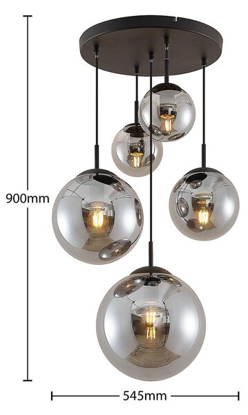 Lindby függőlámpa Teeja, füst, 5 lámpás, Ø50cm, üveg, E27, dimmelhető, Alu / szürke / cink, Nappali / Étkező, Üveg, Vintage