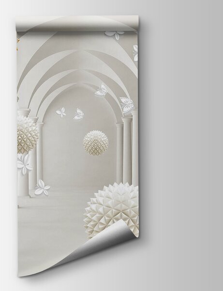 Fotótapéta Fehér szoba fehér virágokkal és fehér golyókkal, 3D fotótapéta, Népszerű fotótapéta, u94966 - Tapeko.hu
