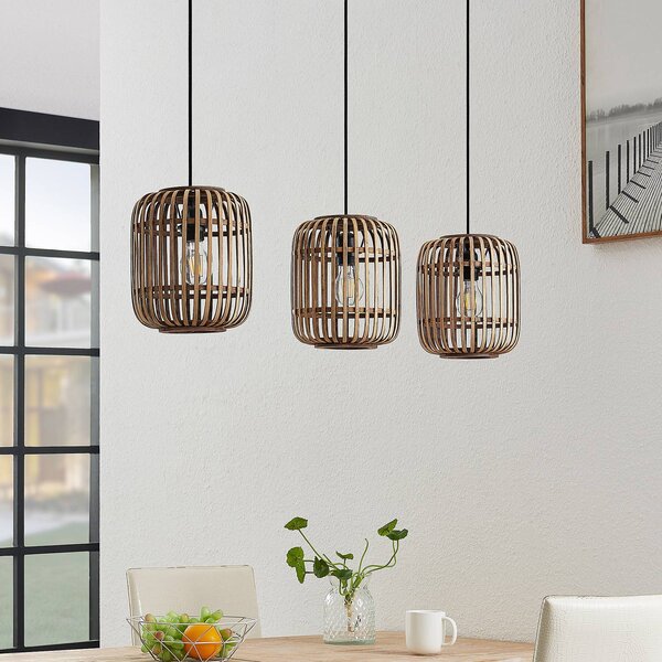 Lindby függőlámpa Canyana, natúr, 3-lámpás, rattan, 105 cm, dimmelhető, Világos fa, Nappali / Étkező, Fa, Vidéki otthon / Rusztikus