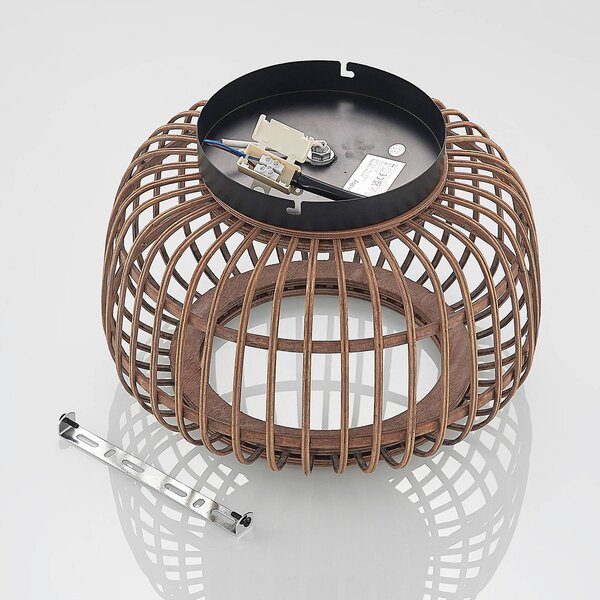 Lindby mennyezeti lámpa Bominio, Ø 33 cm, rattan, fa, E27, dimmelhető, Világos fa, Nappali / Étkező, Fa, Skandináv