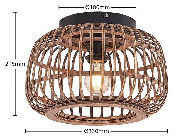 Lindby mennyezeti lámpa Bominio, Ø 33 cm, rattan, fa, E27, dimmelhető, Világos fa, Nappali / Étkező, Fa, Skandináv