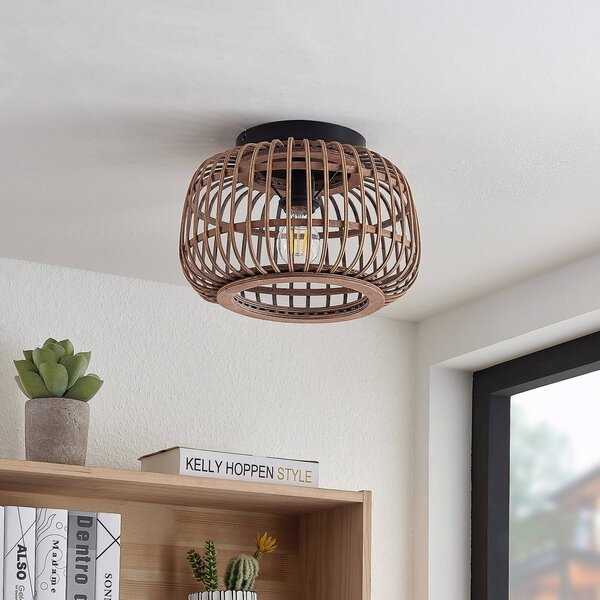 Lindby mennyezeti lámpa Bominio, Ø 33 cm, rattan, fa, E27, dimmelhető, Világos fa, Nappali / Étkező, Fa, Skandináv