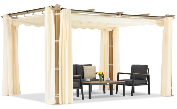 Barbados terasz pergola 3x4 m Garden Point fa-bézs színű függönyökkel