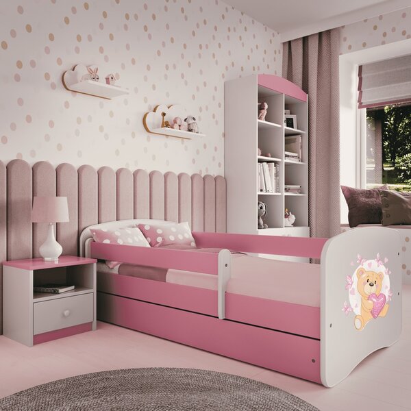 Babydreams gyerekágy macis-pillangós dizájnnal, méret: 140x70, szín: rózsaszín, matraccal, ágyneműtartóval