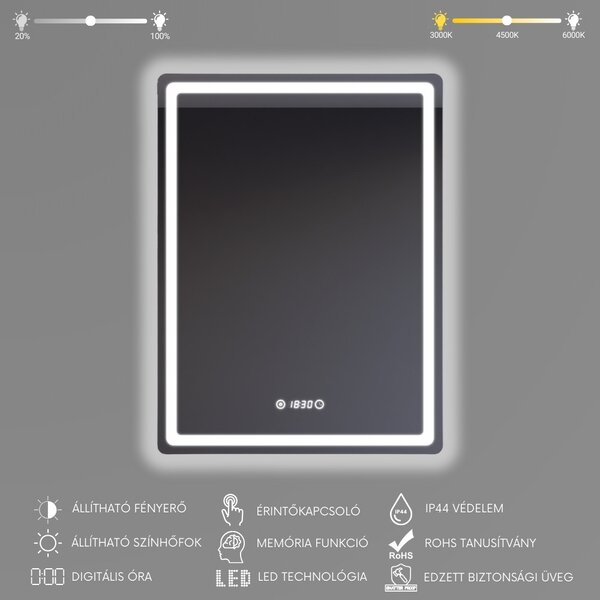 Álló fürdőszobai LED tükör 60x80cm | Óra - Fényerő és színhőmérséklet szabályozás | Welland Type20V