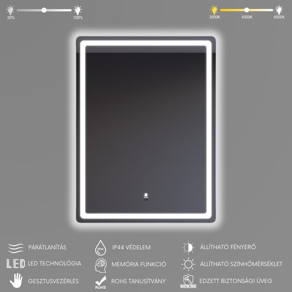 Álló fürdőszobai LED tükör 60x80cm | Gesztusvezérlés - Páramentesítő - Fényerő és színhőmérséklet szabályozás | Welland Type20V