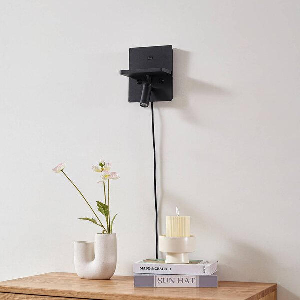 Lindby LED fali lámpa Auden, fekete, dugasz, töltőállomás, Fekete, Nappali / Étkező, fém, Modern