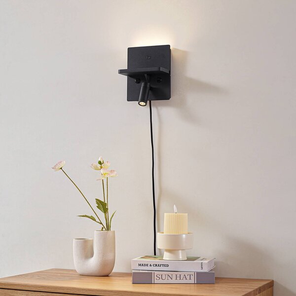 Lindby LED fali lámpa Auden, fekete, dugasz, töltőállomás, Fekete, Nappali / Étkező, fém, Modern
