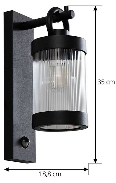 Lindby Yrene kültéri fali lámpa, 20 cm, fekete, érzékelővel, Riffle, dimmelhető, Fekete, Alumínium, Modern