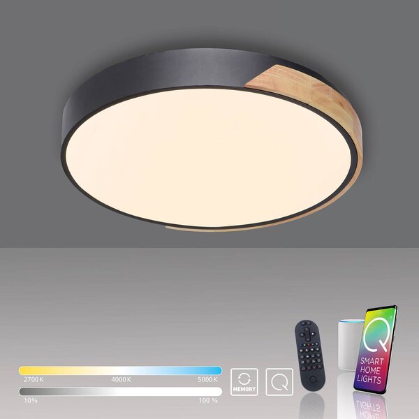 Q-Smart-Home Paul Neuhaus Q-BILA LED menny. fekete/tölgyfa, dimmelhető, Fekete, Nappali / Étkező, fém