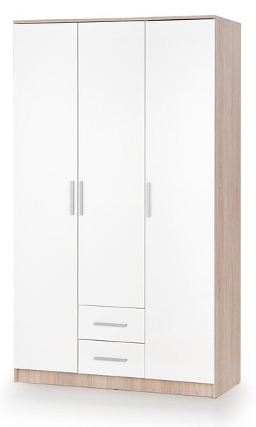 Gardróbszekrény Cirveso 113, Laminált forgácslap, 205x120x52cm, Fényes fehér, Sonoma tölgy