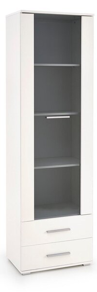 Könyvespolc Cirveso 116, Zárt, Fiókokkal, Ajtókkal, Edzett üveg, Laminált forgácslap, 200x60x40cm, Fényes fehér, Fehér