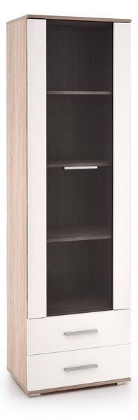 Könyvespolc Cirveso 116, Zárt, Fiókokkal, Ajtókkal, Edzett üveg, Laminált forgácslap, 200x60x40cm, Fényes fehér, Sonoma tölgy
