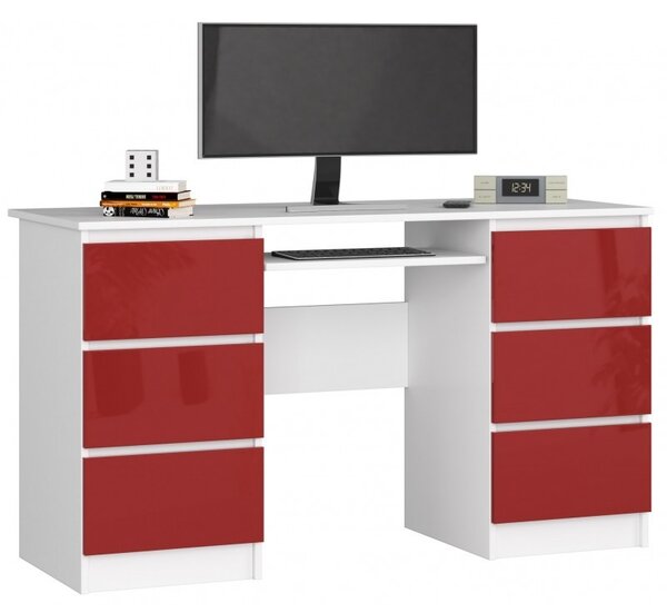 Íróasztal 135x50cm fehér, magasfényű piros