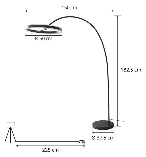 Lucande LED ívlámpa Yekta, fekete, 183 cm, dimmelhető, dimmelhető, Fekete, Nappali / Étkező, fém, Dizájn