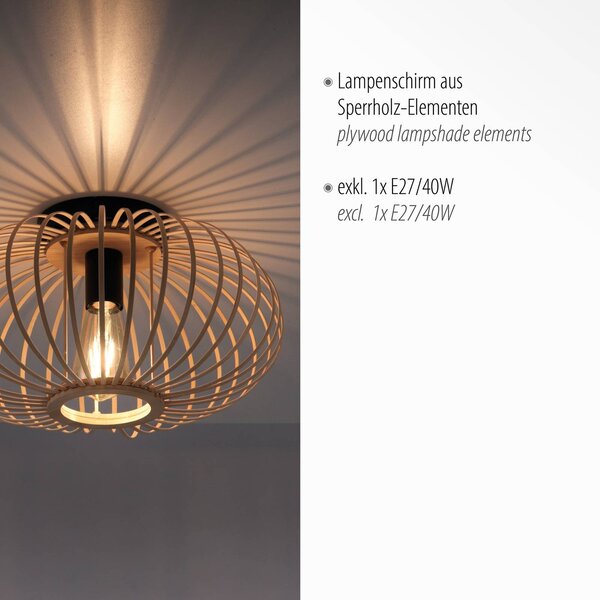 JUST LIGHT. GmbH Mosómedve mennyezeti lámpa fából, vékony merevítőkkel, Ø 40cm, dimmelhető, Világos fa, Nappali / Étkező, Fa