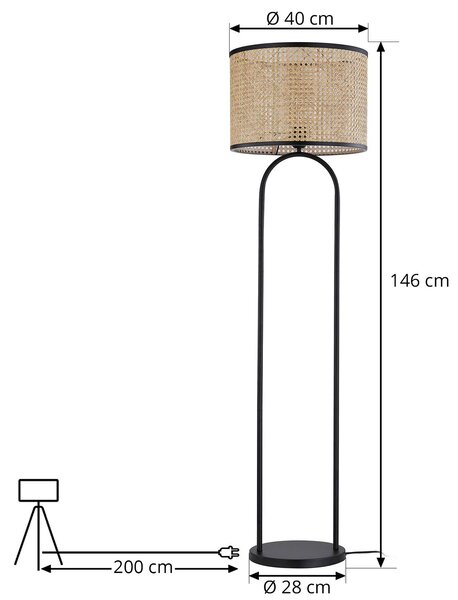 Lindby állólámpa Yaelle, 146 cm magas, rattan, fekete, E27, Világos fa, Nappali / Étkező, Fa, Skandináv