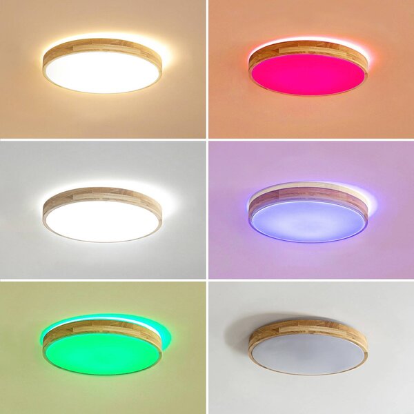 Lindby Smart LED mennyezeti lámpa Innes fa Ø39cm RGB CCT Tuya Tuya, dimmelhető, Világos fa, Nappali / Étkező, Fa, Modern