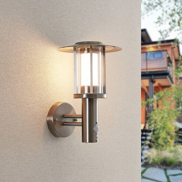 Lindby LED kültéri falilámpa Gregory, érzékelő, rozsdamentes acél, IP44, Alu / szürke / cink, Rozsdamentes acél, Modern