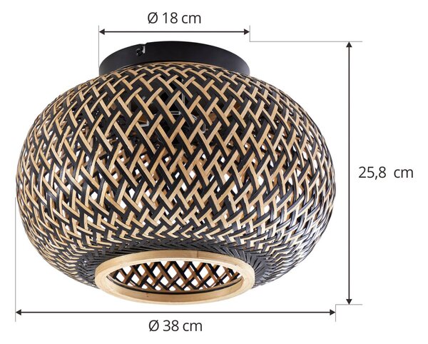 Lindby mennyezeti lámpa Nerys, fekete, bambusz, Ø 38 cm, dimmelhető, Sötét fa, Nappali / Étkező, Fa, Vidéki otthon / Rusztikus