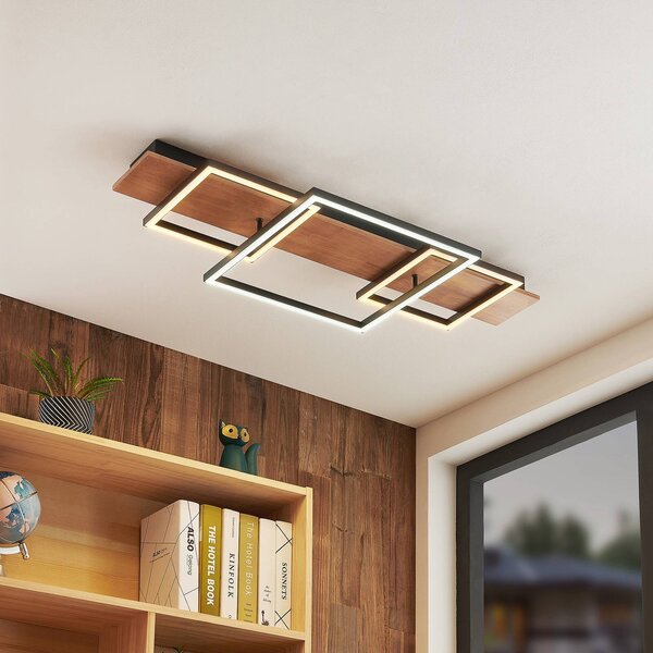 Lucande LED mennyezeti lámpa Chariska, 95cm, fekete, fa, CCT, dimmelhető, Sötét fa, Nappali / Étkező, Fa, Modern