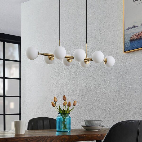 Lindby függőlámpa Kiamo, 83 cm, sárgaréz, fehér, üveg, G9, dimmelhető, Fehér / opál, Nappali / Étkező, fém, Modern