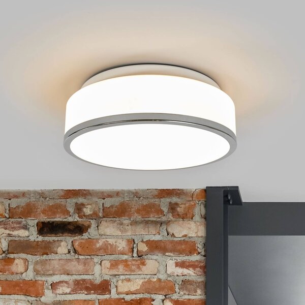 Searchlight IP44-es mennyezeti lámpa, Ø 28cm, króm, süllyesztve, dimmelhető, Fehér / opál, Fürdőszoba, Üveg, Modern