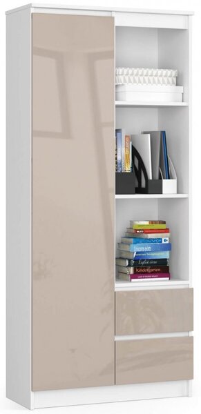 Irodai könyvespolc ajtóval, két fiókkal fehér, magasfényű kapucsínó cm