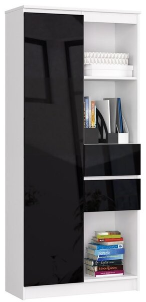 Irodai könyvespolc ajtóval, két fiókkal fehér, magasfényű fekete 80x35cm