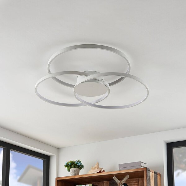 Lindby LED mennyezeti lámpa Riley, fehér, fém, 80 cm, fényerőszabályzóval, dimmelhető, Fehér / opál, Nappali / Étkező, Alumínium, Modern