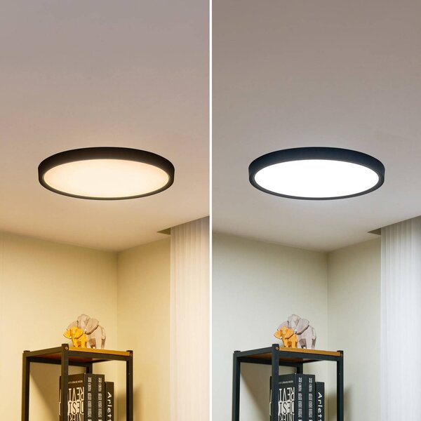 Lindby Smart LED mennyezeti lámpa Pravin, Ø 50 cm, CCT, fekete, dimmelhető, Fekete, Nappali / Étkező, Műanyag, Modern