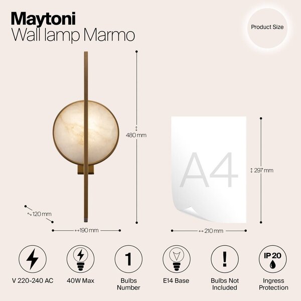 Maytoni Marmo falilámpa arany márvánnyal, dimmelhető, Sárgaréz / arany, Nappali / Étkező, fém, Modern