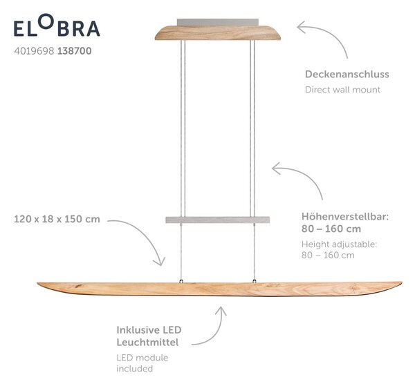Elobra LED függő lámpa Colombia XL, kőris tölgy natúr, dimmelhető, Világos fa, Nappali / Étkező, Fa, Modern
