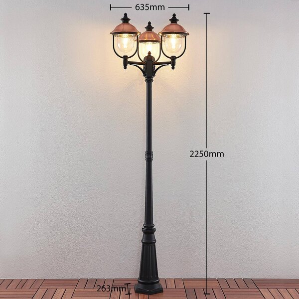 Lindby kültéri lámpa Clint, 225cm, 3-lámpás, tengervízálló, E27, dimmelhető, Réz, Alumínium, Vintage