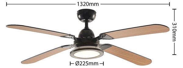 Lucande LED mennyezeti ventilátor Tedric, fekete, halk, 133 cm, Fekete, Nappali / Étkező, fém, Vintage