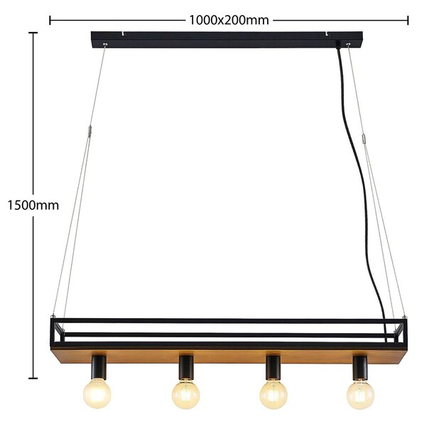Lindby Kirista lógó lámpa, 4 izzós, fekete/fa, 100 cm, E27, dimmelhető, Fekete, Nappali / Étkező, fém, Vintage